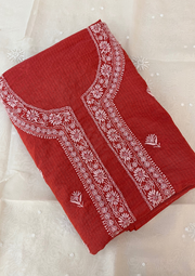 Maheshwari Chanderi Chikankari Mens Kurta - Red