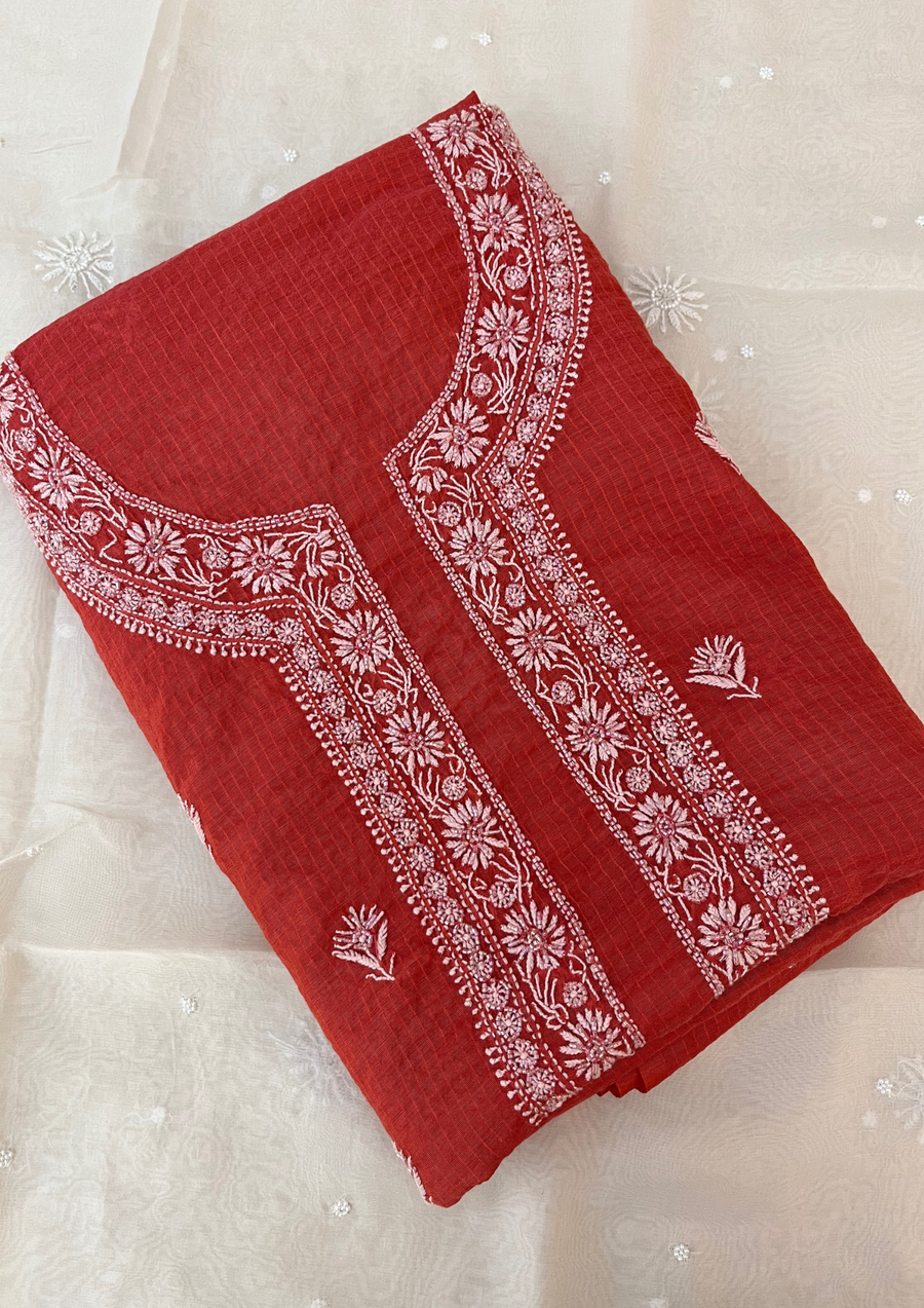 Maheshwari Chanderi Chikankari Mens Kurta - Red