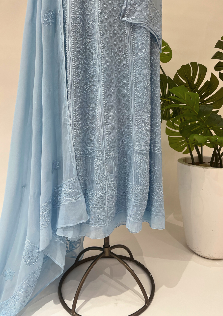 Viscose Chikankari Semistitched Anarkali - Blue Bell