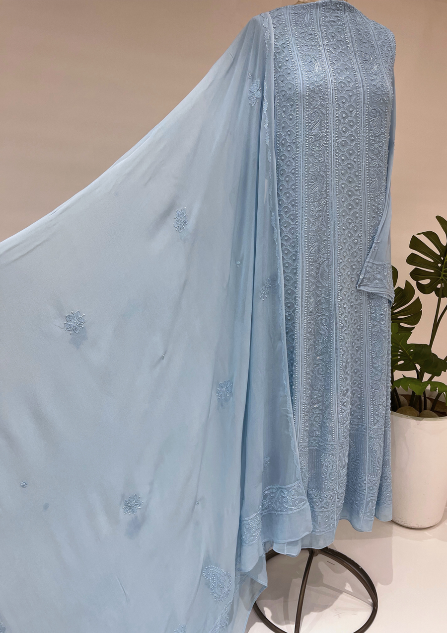 Viscose Chikankari Semistitched Anarkali - Blue Bell
