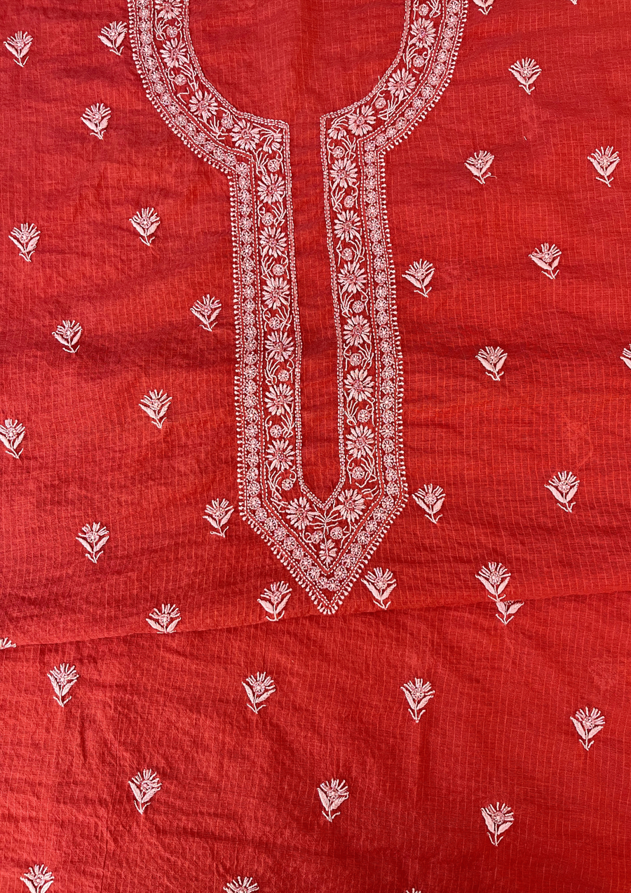 Maheshwari Chanderi Chikankari Mens Kurta - Red