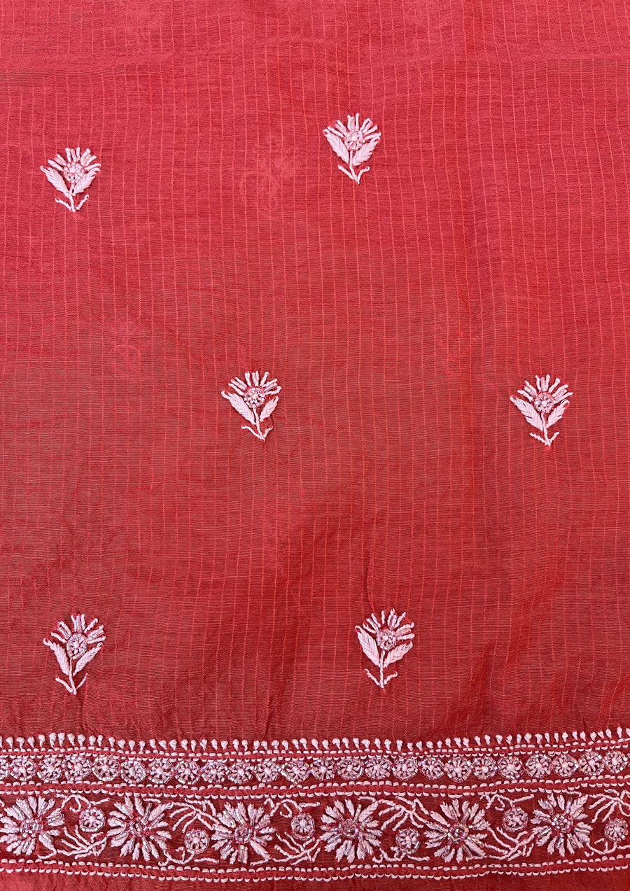 Maheshwari Chanderi Chikankari Mens Kurta - Red