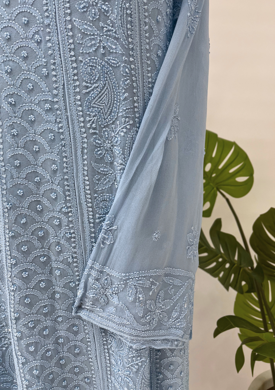 Viscose Chikankari Semistitched Anarkali - Blue Bell