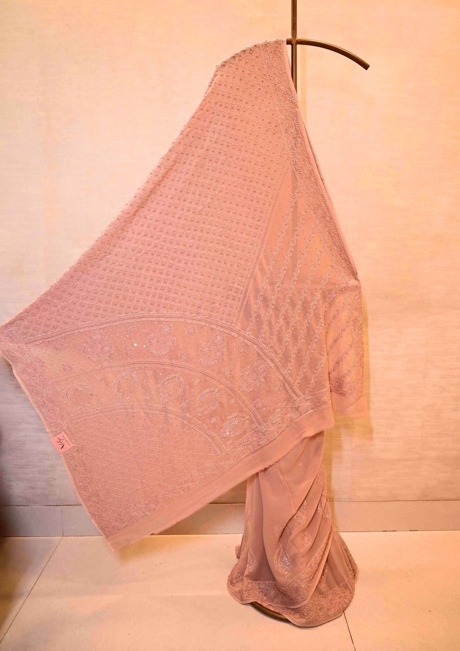 Georgette Chikankari Saree Peach  - SC244067