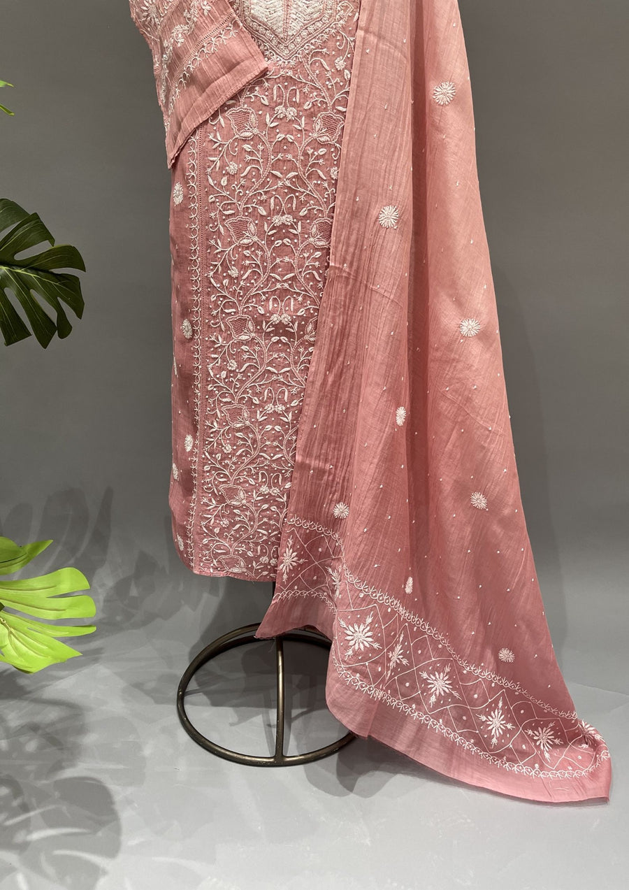 Mul Chanderi Chikankari Unstitch 2pc Suit Set - Rose Pink