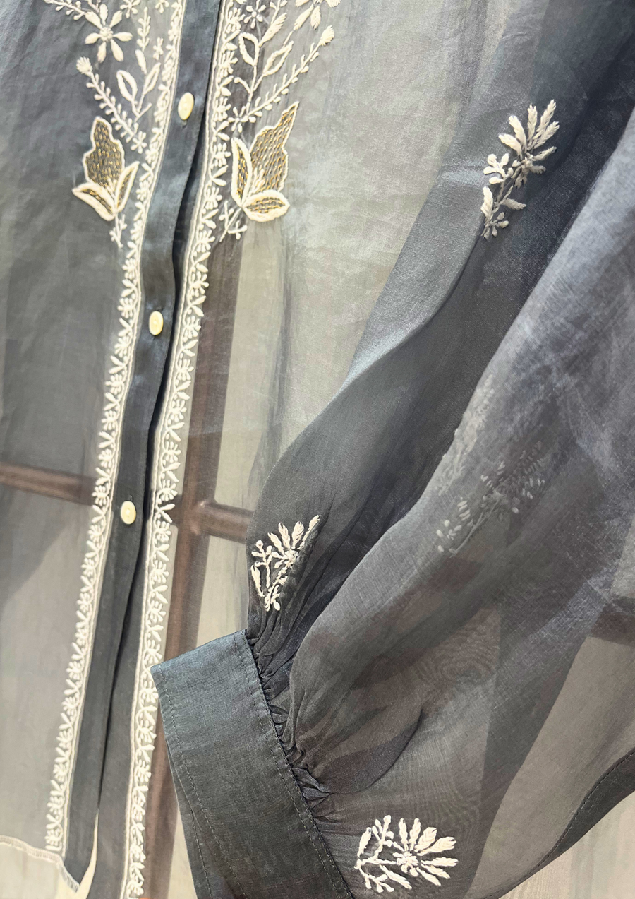 Chikankari Organza Shirt - Grisaille Grey