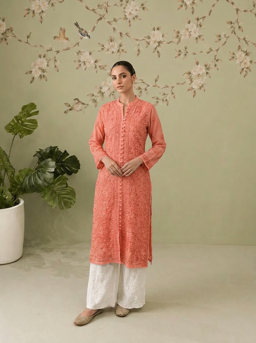 Georgette Chikankari Long Kurti - Coral Pink