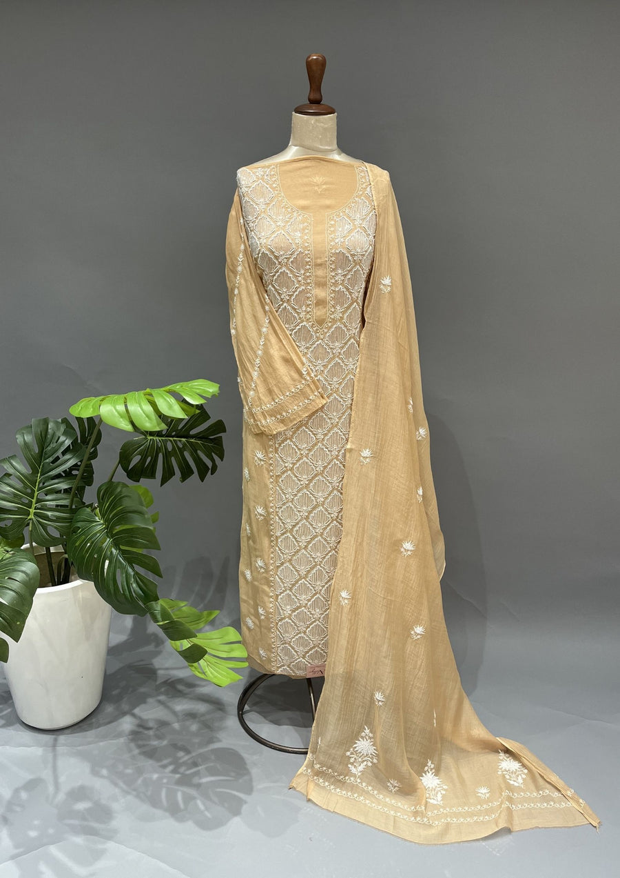 Mul Chanderi Chikankari Unstitch 2pc Suit Set -  Goldenrod