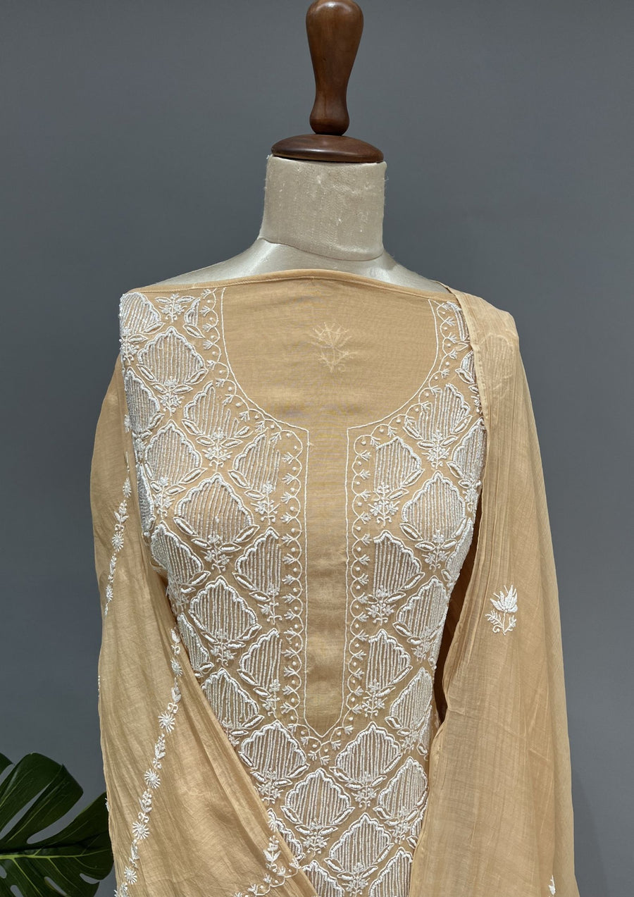 Mul Chanderi Chikankari Unstitch 2pc Suit Set -  Goldenrod