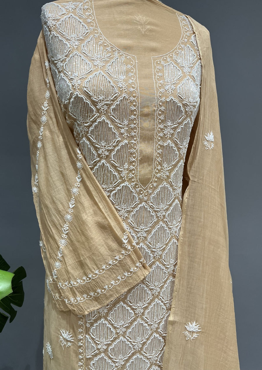 Mul Chanderi Chikankari Unstitch 2pc Suit Set -  Goldenrod