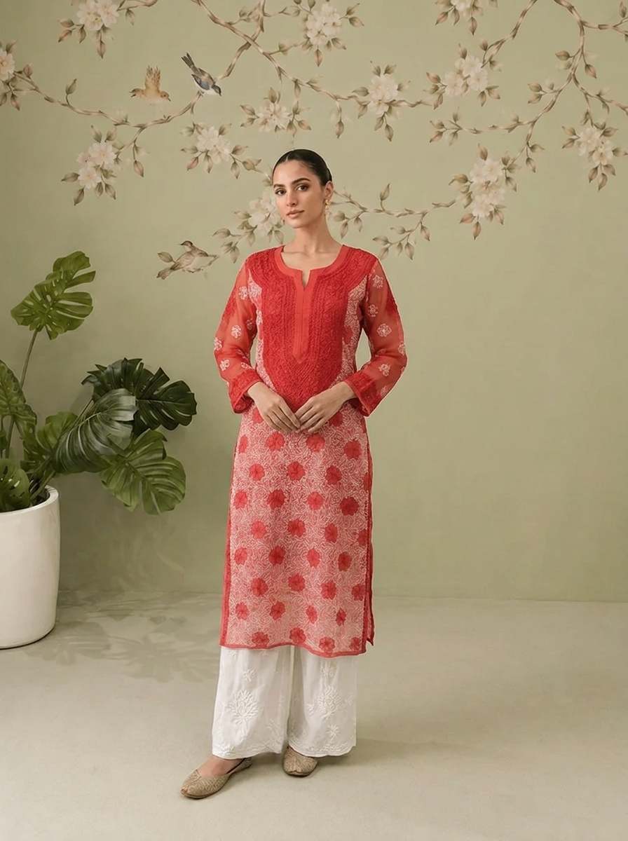 Georgette Chikankari Long Kurti - Peach and Red