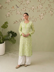 Georgette Chikankari Long Kurti - Lime Green