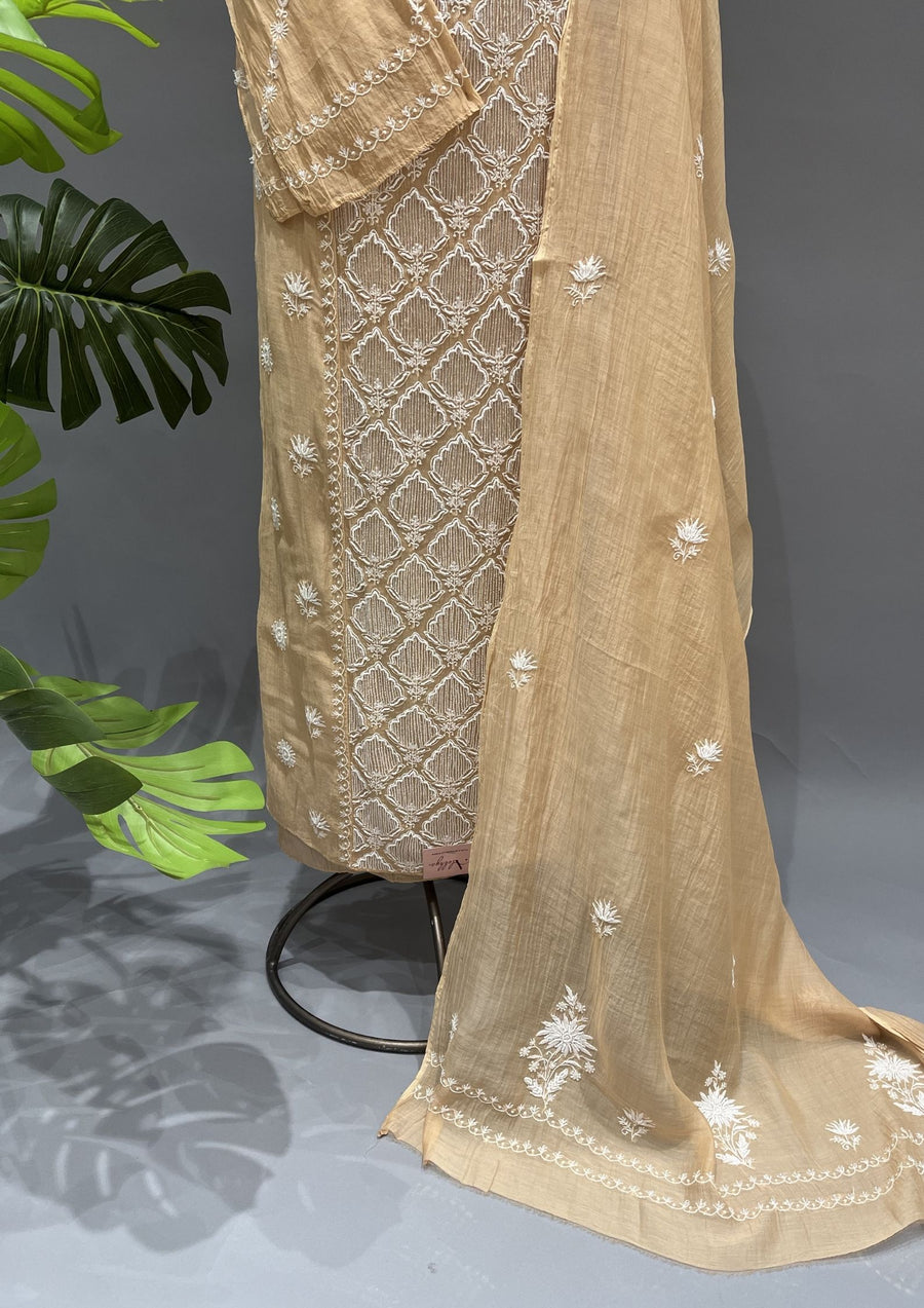 Mul Chanderi Chikankari Unstitch 2pc Suit Set -  Goldenrod