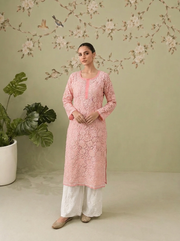 Georgette Chikankari Long Kurti - Peach Fuzz
