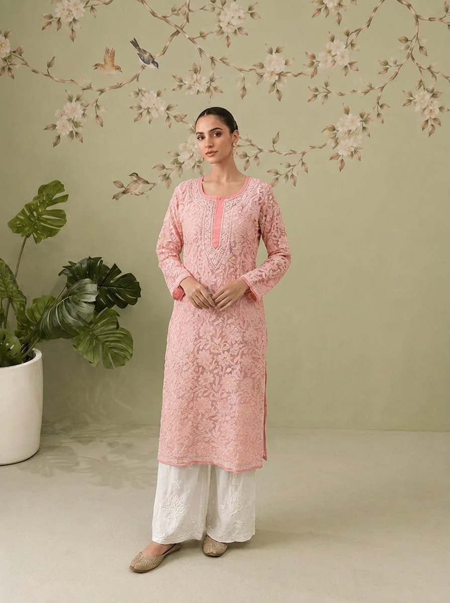 Georgette Chikankari Long Kurti - Peach Fuzz