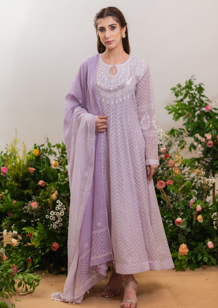 Mul Chanderi Chikankari Anarkali - Add on Mukaish - Lilac