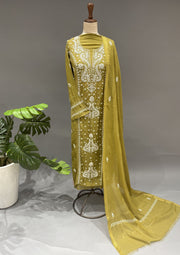 Mul Chanderi Chikankari Unstitch 2pc Suit Set - Olive Green