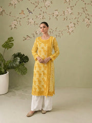 Georgette Chikankari Long A-Line Kurti - Sunflower Yellow