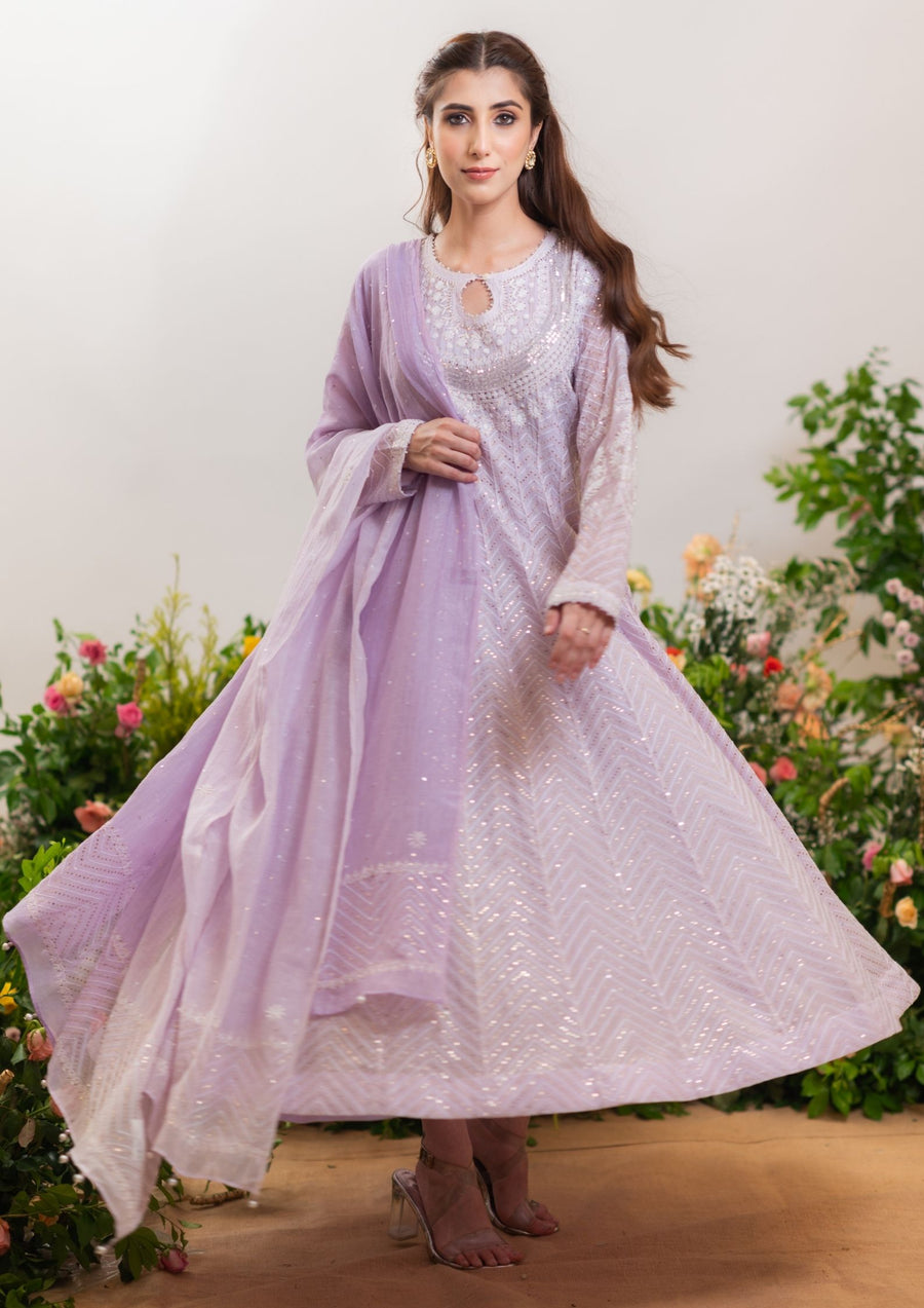 Mul Chanderi Chikankari Anarkali - Add on Mukaish - Lilac