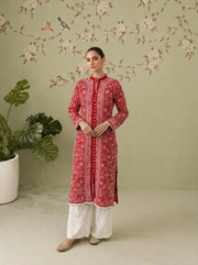 Georgette Chikankari Long Kurti  - Cherry Red