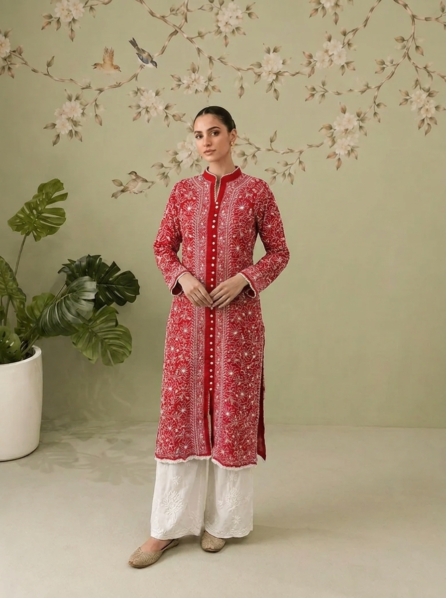 Georgette Chikankari Long Kurti  - Cherry Red