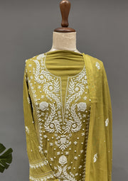Mul Chanderi Chikankari Unstitch 2pc Suit Set - Olive Green