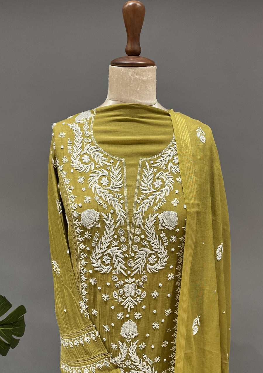 Mul Chanderi Chikankari Unstitch 2pc Suit Set - Olive Green