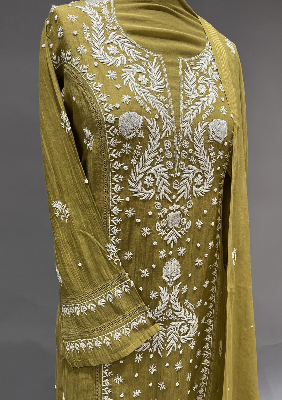 Mul Chanderi Chikankari Unstitch 2pc Suit Set - Olive Green