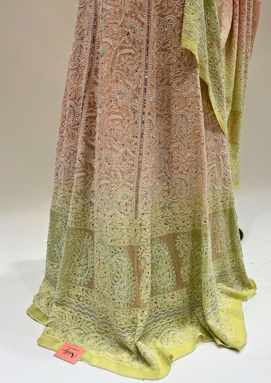 Pure Georgette Chikankari Unstitched Lehenga - Peach and Lime Green