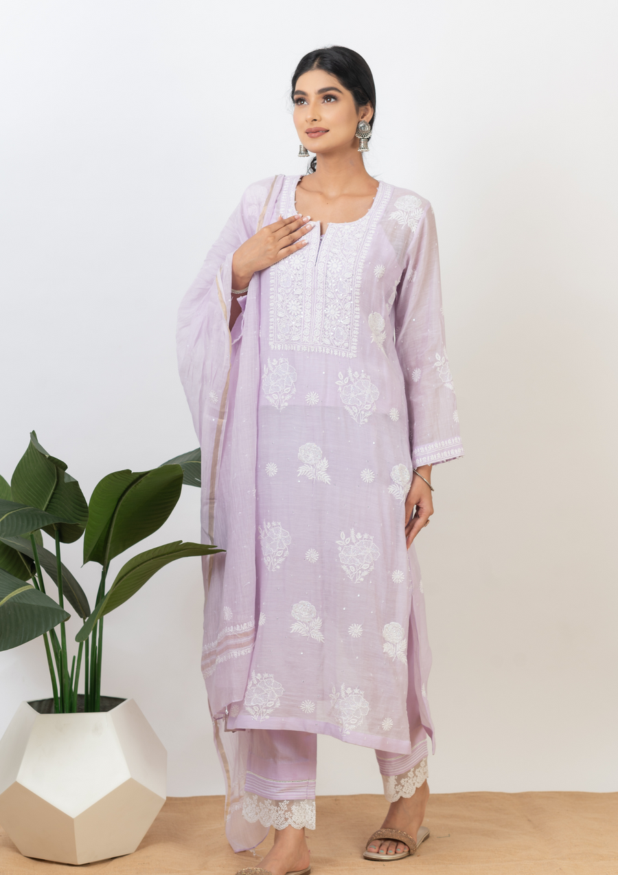 Mul Chanderi Chikankari suit - lilac