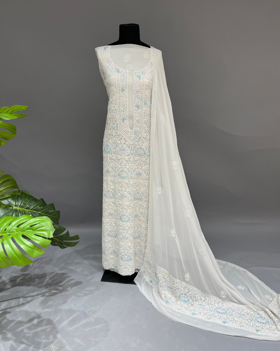 Pure Georgette Chikankari Suit Set - Multicolour