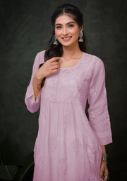 Mul Chikankari Long Kurti - Lavender Milk