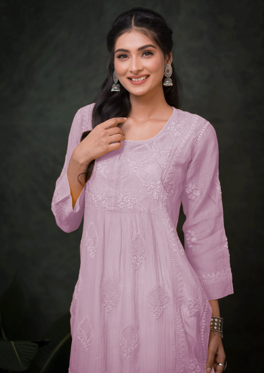 Mul Chikankari Long Kurti - Lavender Milk