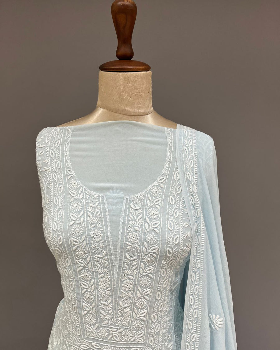 Pure Georgette Chikankari Unstitched 2pc Suit - Periwrinkle Blue