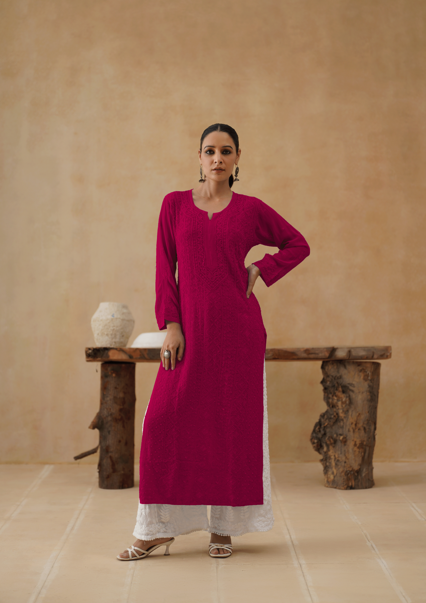 Georgette Chikankari Long Kurti- Celebration Pink