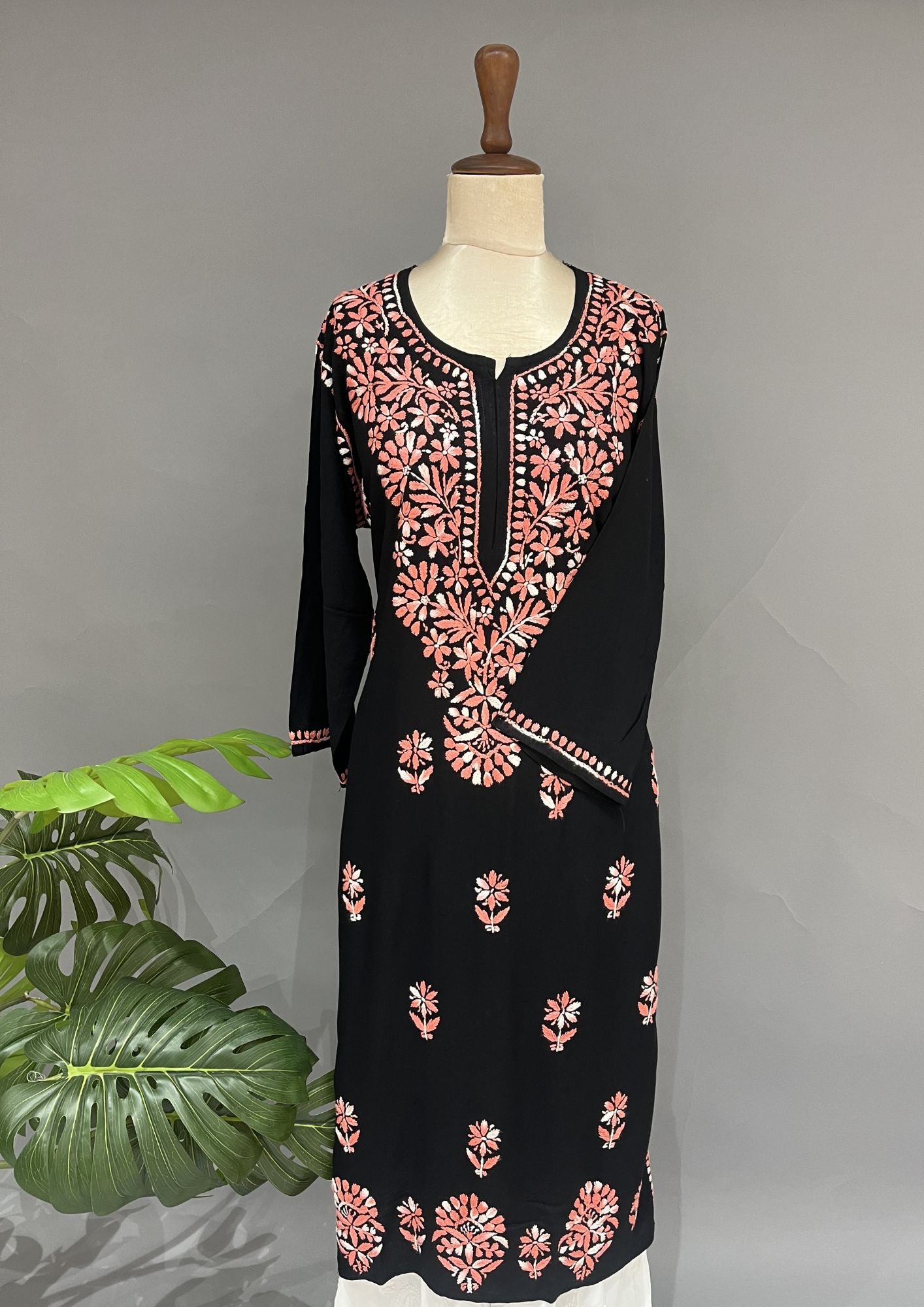Rayon Chikankari Kurti - Black & Pink