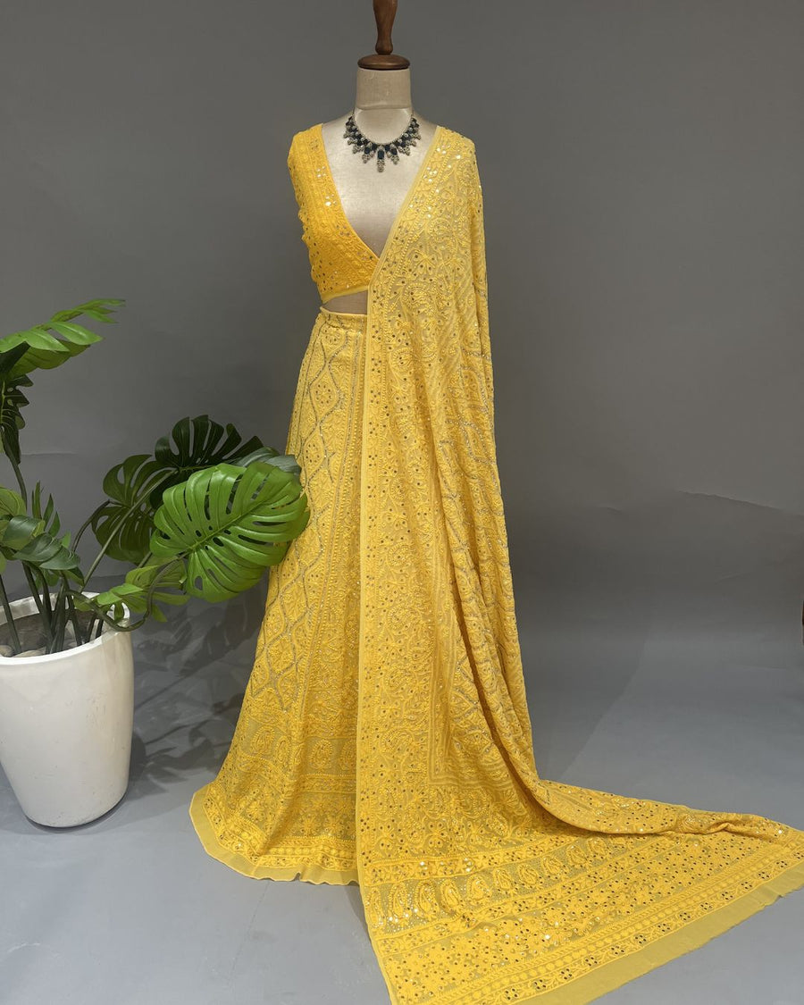 Viscose Chikankari Unstich Lehenga - Sunflower Yellow