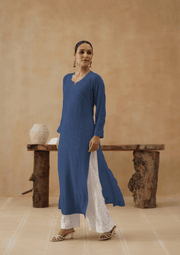 Georgette Chikankari Long Kurti- Classic Blue