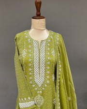 Tissue Chikankari 3pc Stitched Anarkali - Olive Green