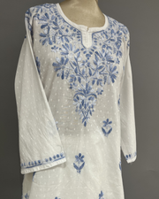 Cotton Chikankari Kurti - White and Blue