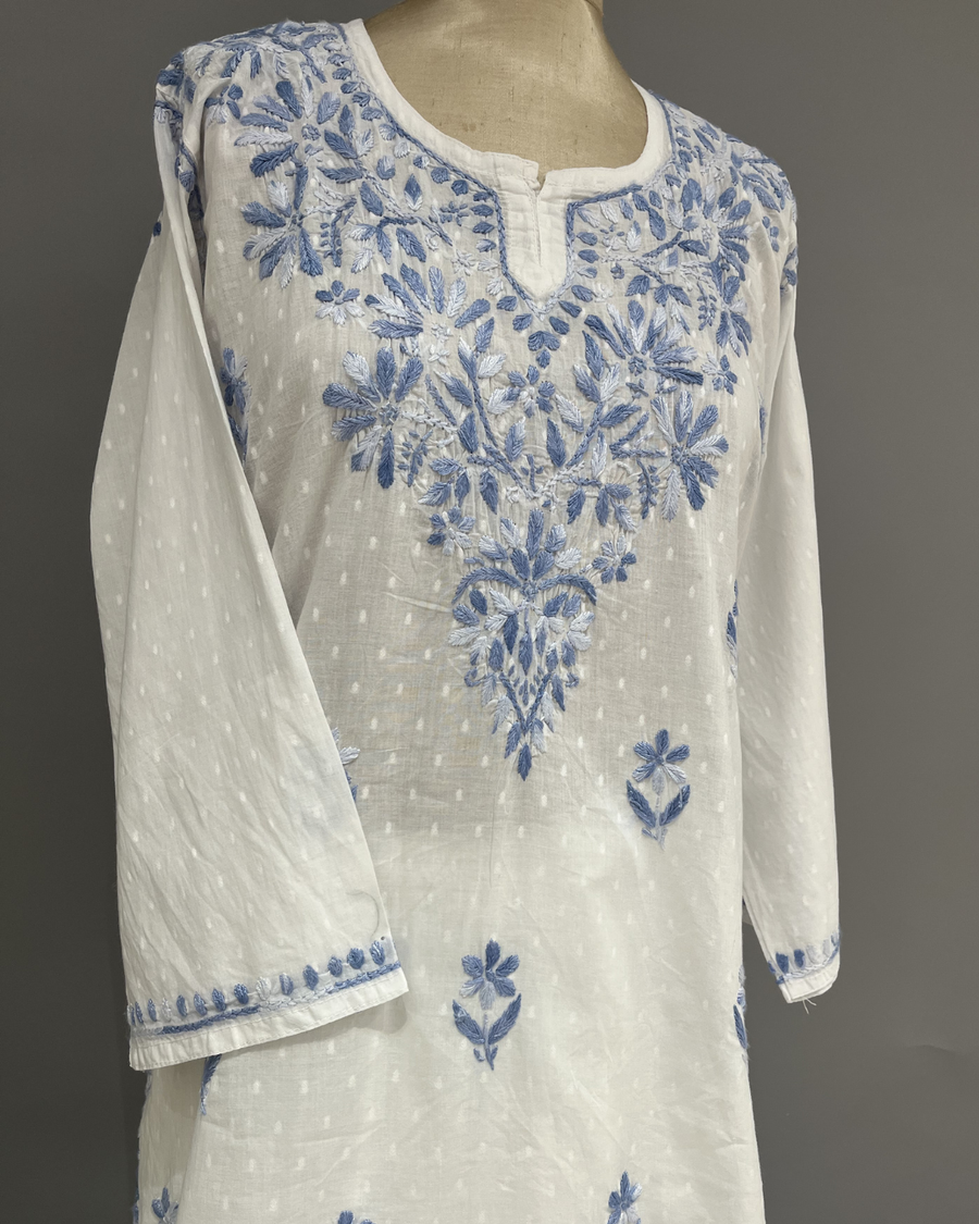 Cotton Chikankari Kurti - White and Blue