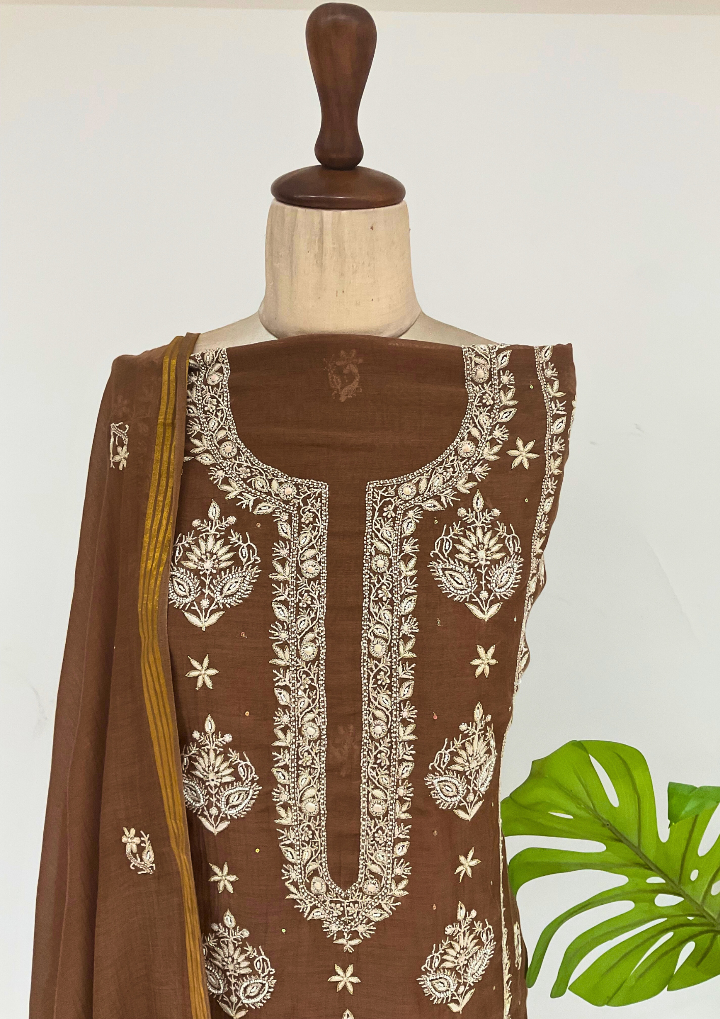 Mul Chanderi Chikankari Unstitched Suit - Brown