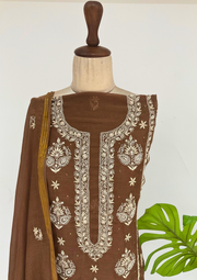 Mul Chanderi Chikankari Unstitched Suit - Brown