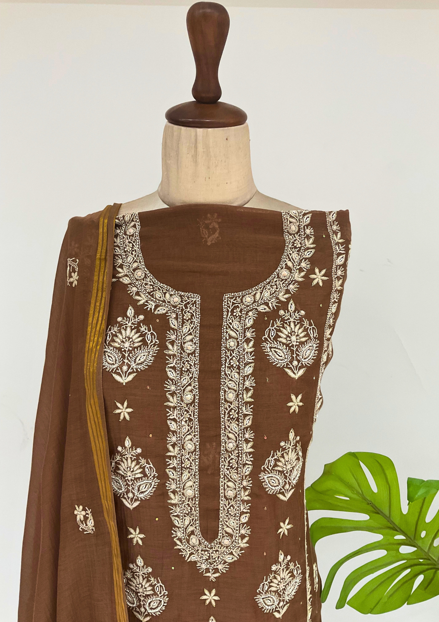 Mul Chanderi Chikankari Unstitched Suit - Brown