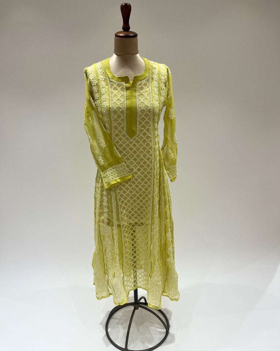 Georgette Anarkali Chikankari Kurta- Lime Green