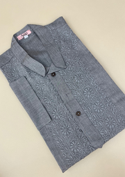 Linen Chikankari Stitched Mens Kurta- Grey