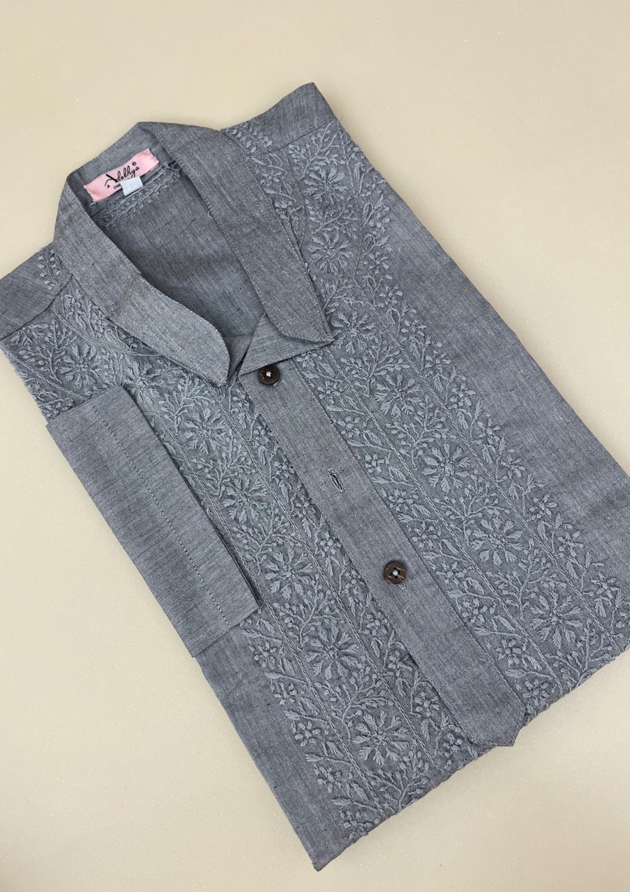Linen Chikankari Stitched Mens Kurta- Grey