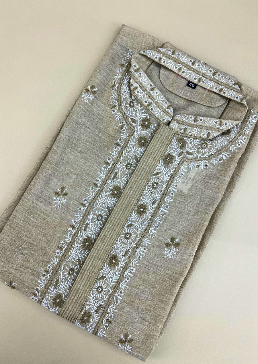 Linen Chikankari Stitched Mens Kurta - Beige