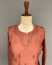 Chanderi Chikankari Short Kurti - Rust Brown