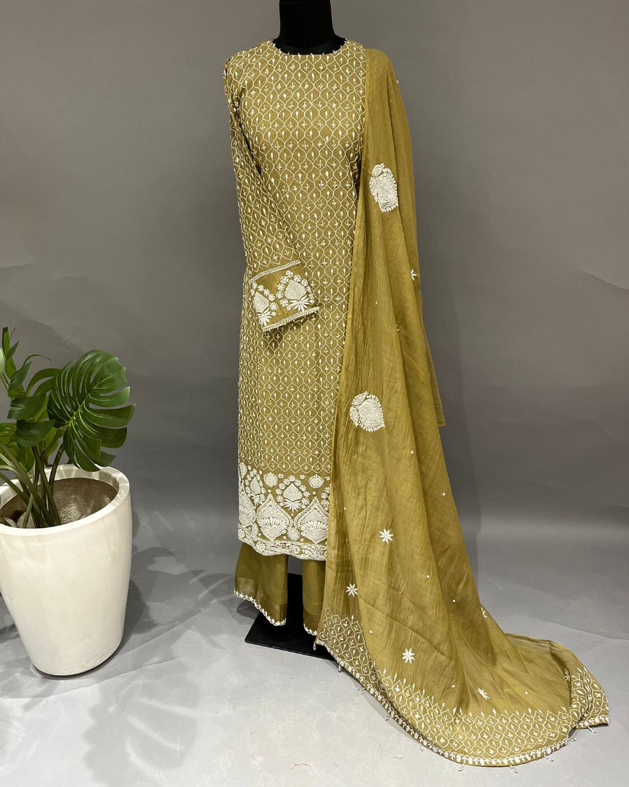 Mul Chanderi Chikankari Stitch 3pc Suit - Olive Green